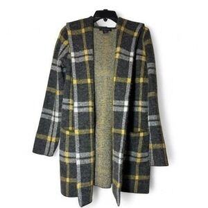 Tahari Women Plaid Hood Open Front Cardigan Sweater Gray Yellow Small Wool Heavy